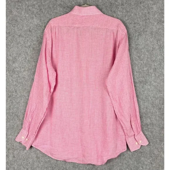 Peter Millar Linen Shirt Mens 16.5 Long Pink Check Button Up Long Sleeve Classic - Picture 9 of 13